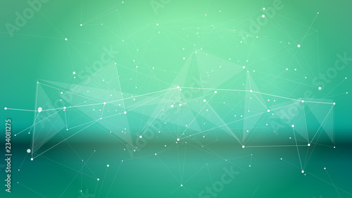 a white digital wave of dots, lines and triangles on a cold green background as a high-tech metaphor in medicine, science or the environment, biotechnology, health and biometrics