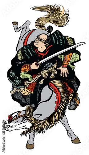 Japanese samurai horseman riding a pony horse and holding a sword . Medieval Asian warrior on a horseback. Isolated tattoo style vector illustration
