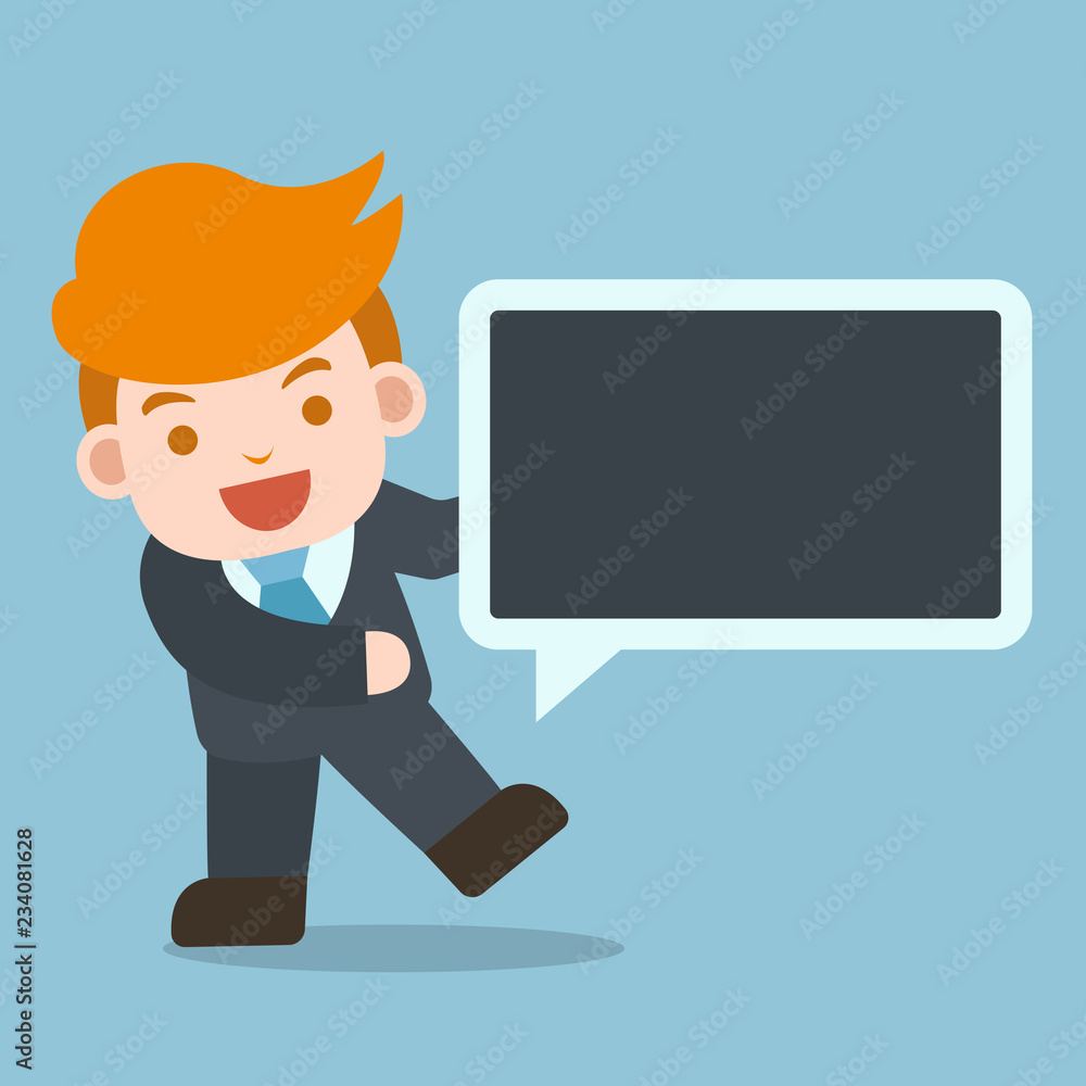 business concept, businessman with message board copy space. flat vector illustration