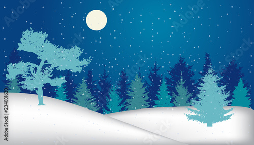 Winter landscape. Snowy night forest (fir trees, pine), silhouette. Vector illustration © nosyrevy
