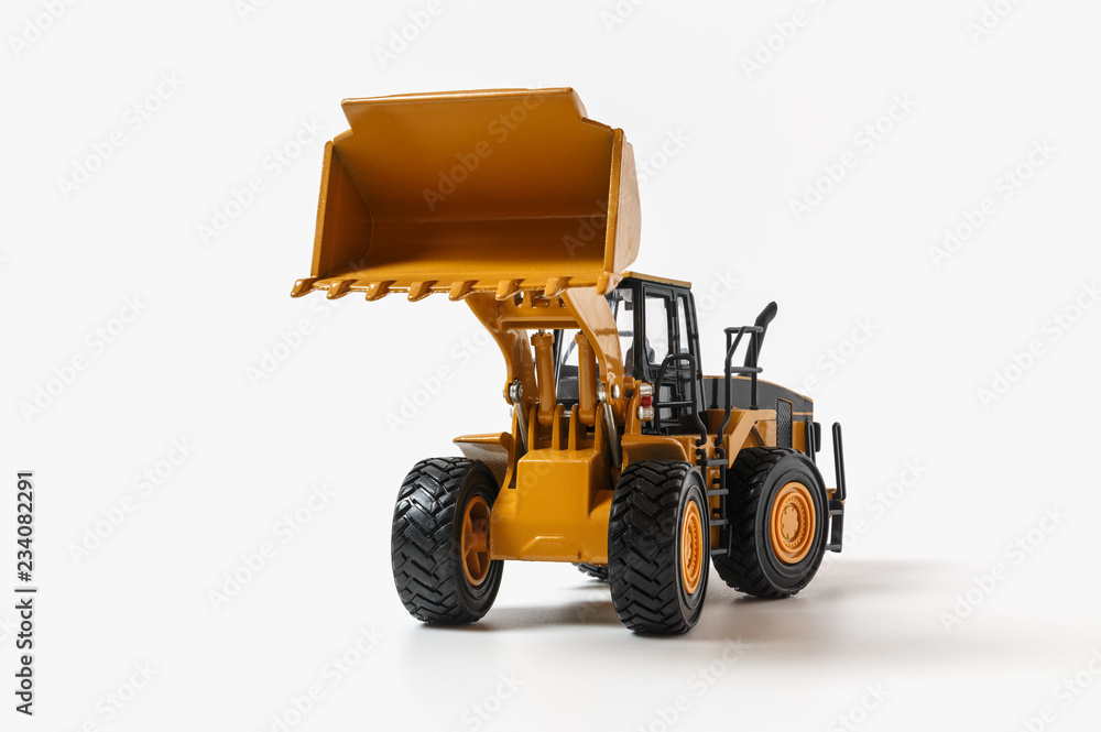 Wheel loader model on white background with yellow bucket lift up