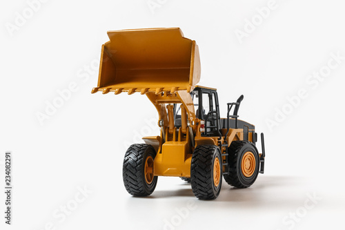 Wheel loader model on white background with yellow bucket lift up