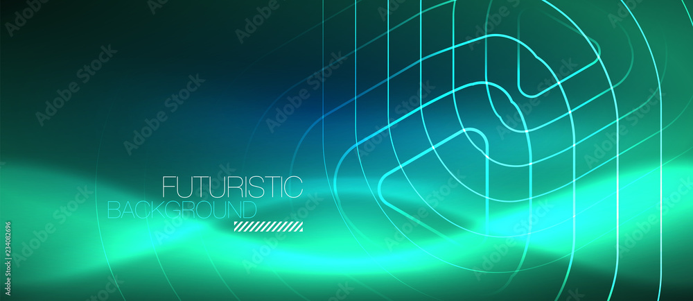 Neon glowing techno lines, hi-tech futuristic abstract background template with geometric shapes Neon glowing techno lines, hi-tech futuristic abstract background template with geometric shapes