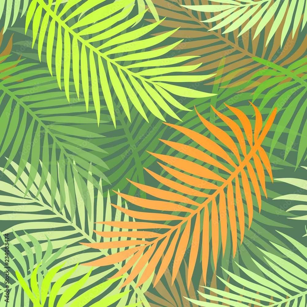Colorful palm tree leaves. Seamless jungle pattern