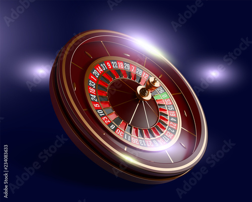 Casino roulette wheel isolated on blue background. 3d realistic vector illustration. Online poker casino roulette gambling concept design.