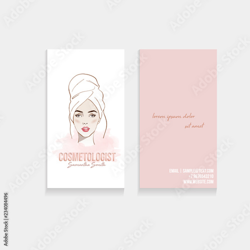 Makeup artist or cosmetologist business card. Vector template with woman Portrait beautiful in white bath towel. Fashion and beauty. Template Vector. Spa treatments. Skin care. Beauty spa concept.