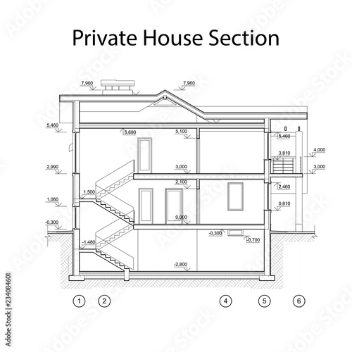 Private house section, detailed architectural technical drawing, vector blueprint