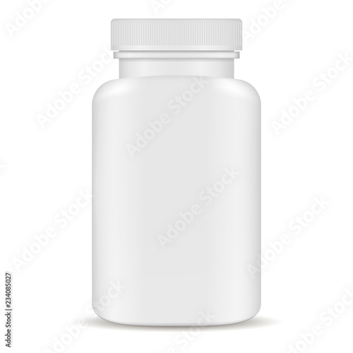 Plastic pill bottles. Black and white 3d Vector illustration. Mockup Template of medicine package for pills, capsule, drugs. Sports and health life supplements.