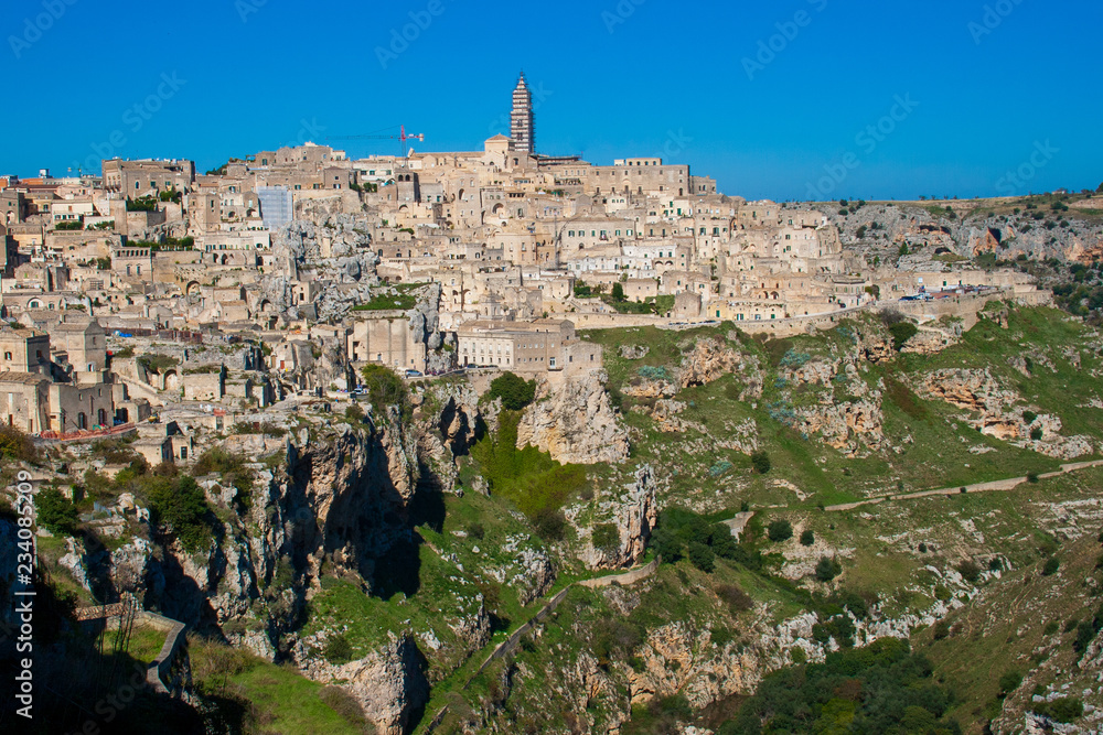 Panoramic beautiful view of Sassi or stones of Matera, European capital of culture 2019, Basilicata, Italy