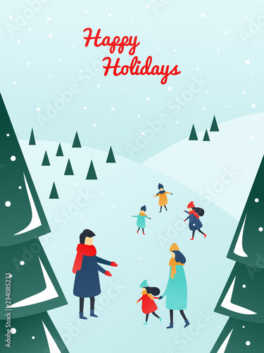Winter activities in the forest, happy parents and children playing outside with snow. Perfect scene for a greeting card
