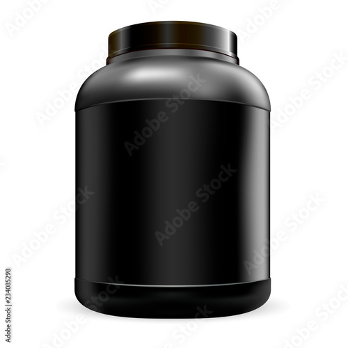 Big black protein nutrition jar mockup. Sports food gainer can. Vector whey protein bottle template.