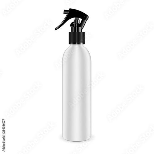 Spray bottle for cosmetic and other products. Isolated white blank container mockup with black dispenser head. Realistic vector template.