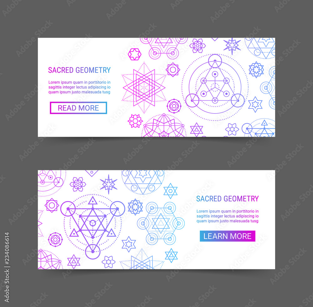 Sacred geometry gradient colorful ornament modern futuristic banner set. Cosmic design ornamental background template. EPS 10 vector geometric backdrop. Clipping masks
