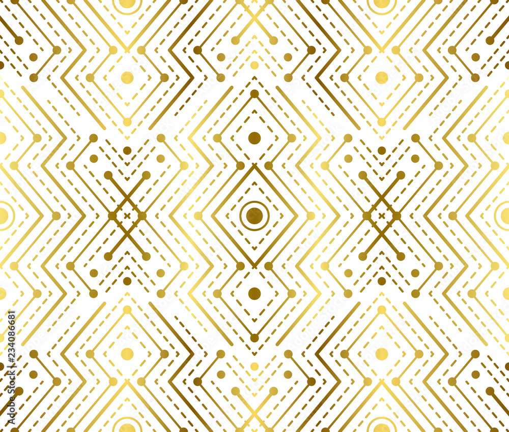 Gradient gold white linear seamless sacred geometry pattern. Golden sacral geometric occult cosmic line art signs for fabric prints, surface textures, cloth design, wrapping. EPS10 vector backdrop. 