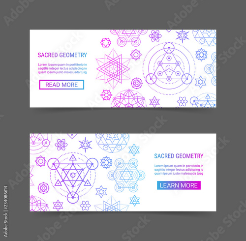 Sacred geometry gradient colorful ornament modern futuristic banner set. Cosmic design ornamental background template. EPS 10 vector geometric backdrop. Clipping masks