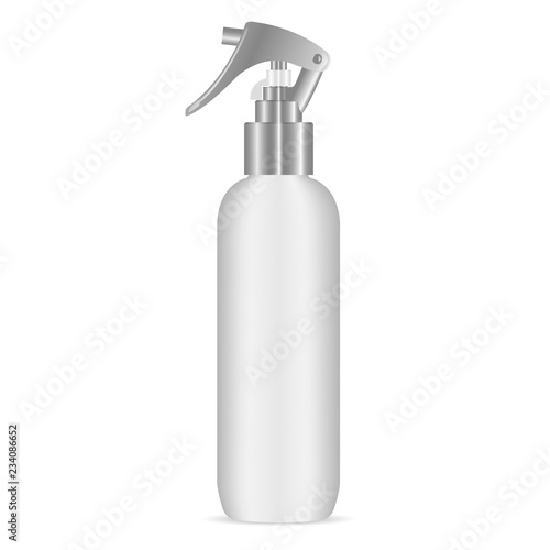 Spray bottle with pistol sprayer head for cosmetic or house care products. White plastic cosmetics package with silver trigger lid. Vector dispenser container.