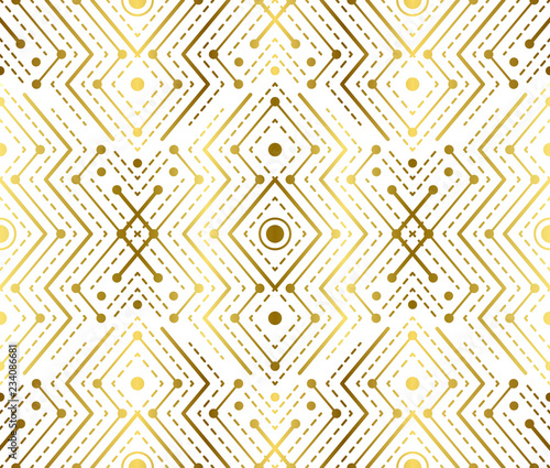 Gradient gold white linear seamless sacred geometry pattern. Golden sacral geometric occult cosmic line art signs for fabric prints, surface textures, cloth design, wrapping. EPS10 vector backdrop. 