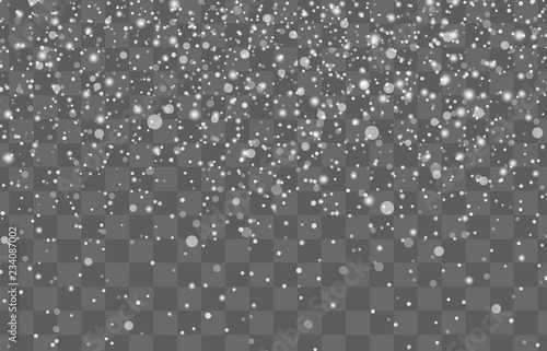 Christmas background with falling snow on transparent background. Shine winter holiday pattern. Vector illustration 