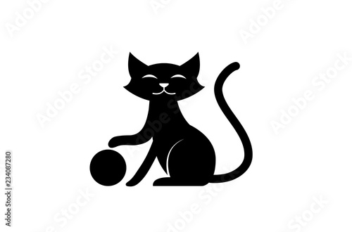 Black Cat smile and play with the ball for logo Vector Design