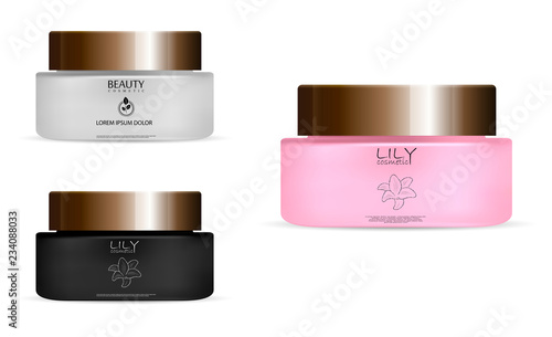 Cosmetic jar mockup for body cream, butter, scrub, bath salt, gel, skin care, powder. Round black, white and rose matt glass jar with amber gold glossy plastic lid. Realistic 3d packaging mockup