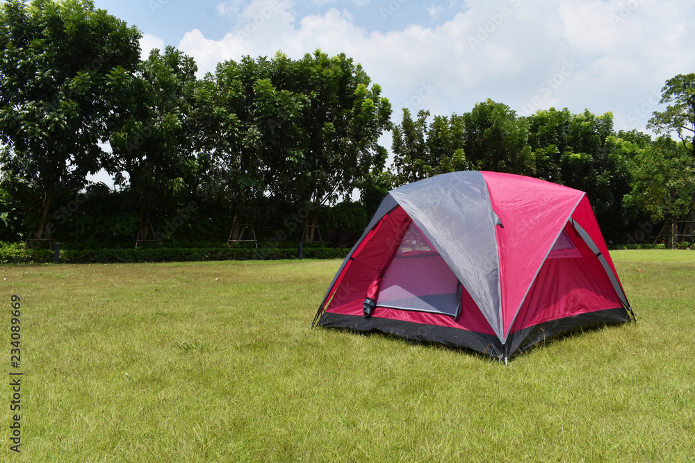 Pink color camping tent with rain fly expanded on green field.