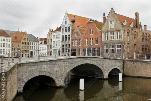 European midieval town with brick houses and bridge