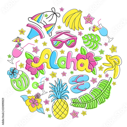 Hawaiian patch round set. Fashionable pins 80s-90s style. Colorful drawings of fruits, drinks, beach wear, hand drawn lettering inscription Aloha. Circle floral background. EPS 10 vector illustration