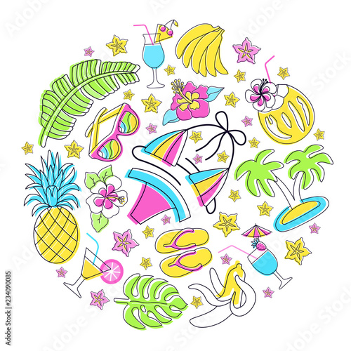 Hawaiian patch round set. Fashionable pins 80s-90s style. Colorful drawings of fruits, drinks, beach wear, accessory. Circle floral background. EPS 10 vector illustration