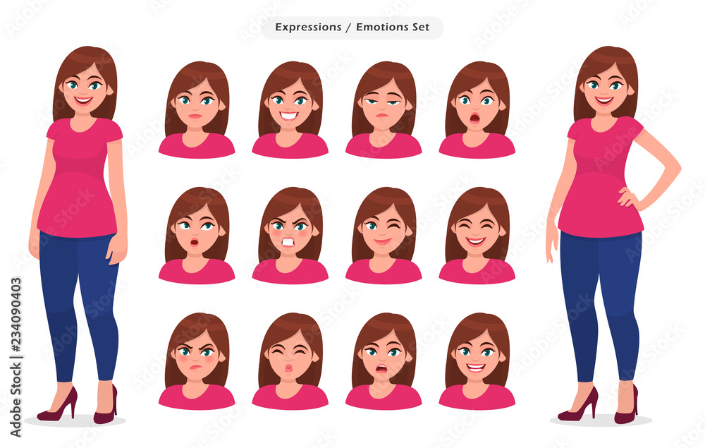 Set of female facial expression. Collection of girl / woman's emotions. Concept illustration in vector cartoon style.
