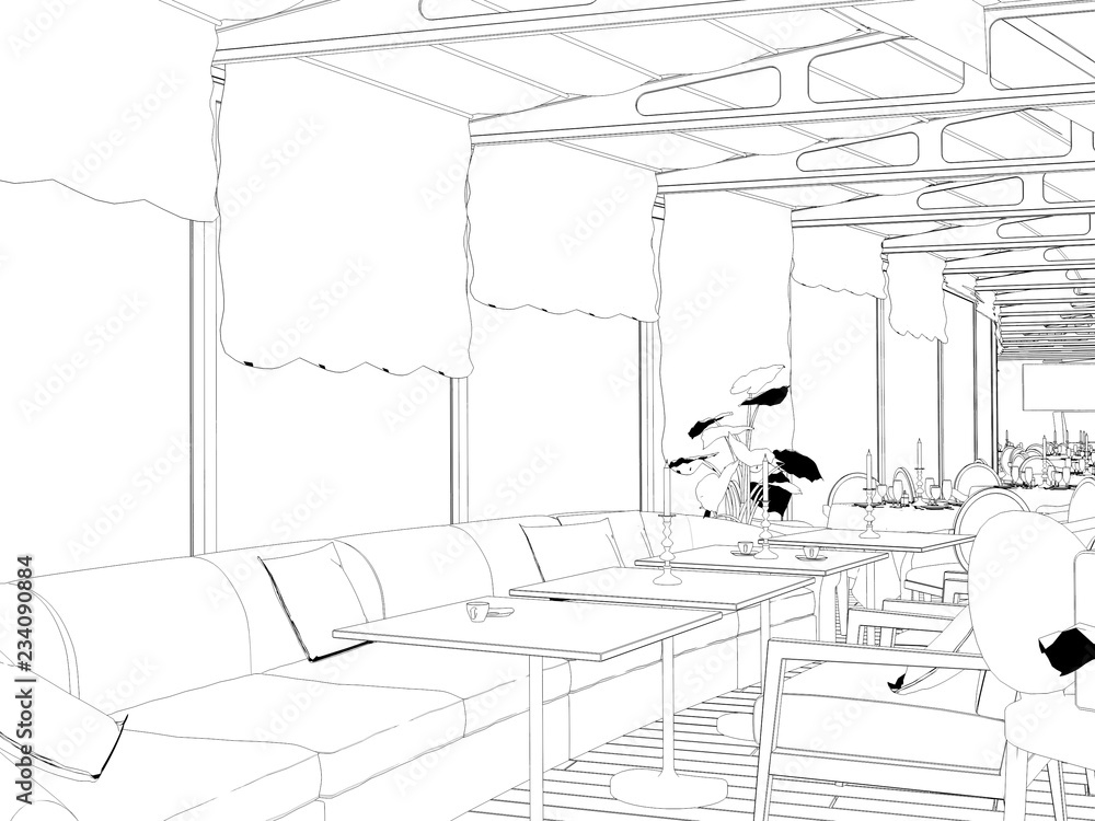 restaurant, summer terrace, 3D illustration, sketch, outline restaurant, summer terrace, 3D illustration, sketch, outline
