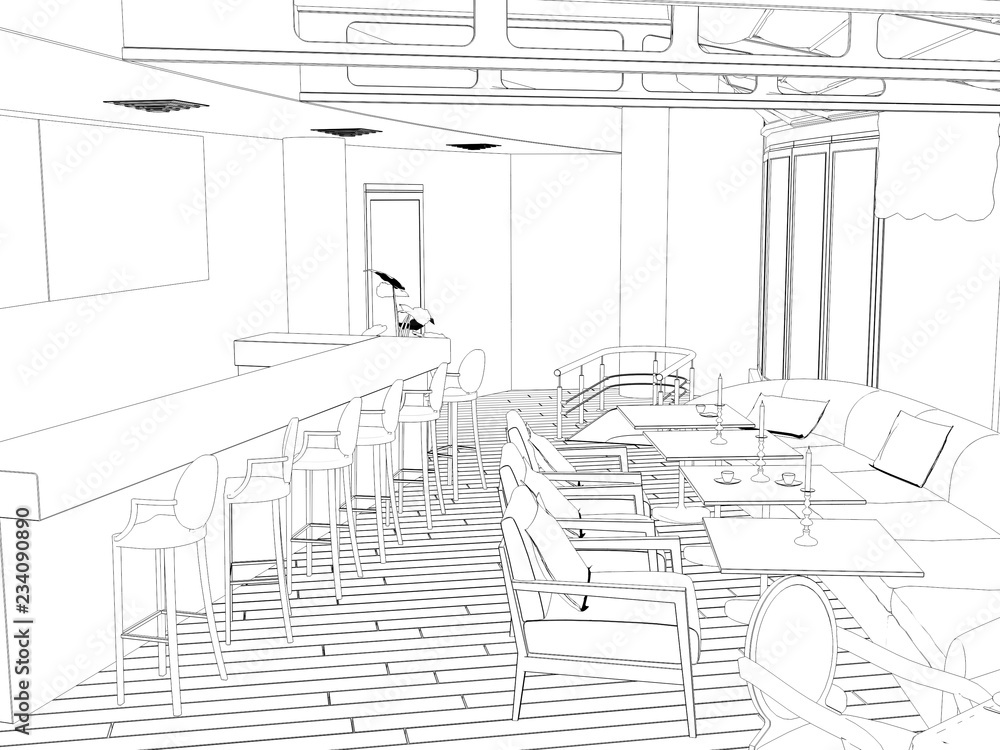 Fototapeta premium restaurant, summer terrace, 3D illustration, sketch, outline