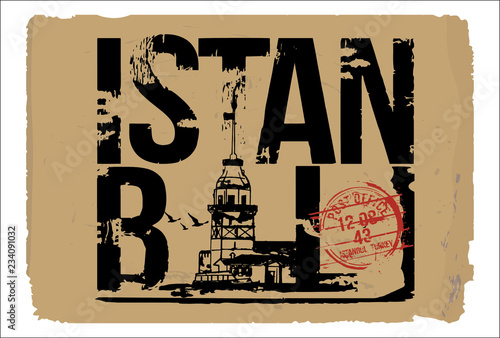 The Maiden's Tower (Kiz Kulesi). Istanbul, Turkey city design. Hand drawn illustration.