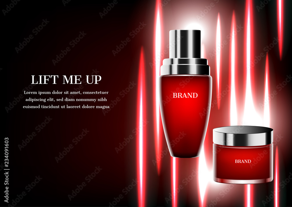 Red cosmetic products with template and red light beam background Red cosmetic products with template and red light beam background