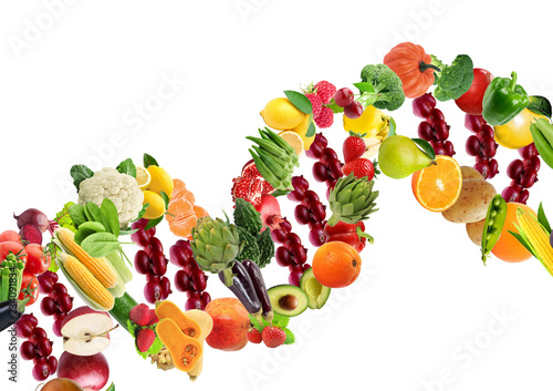 Nutrigenetics concept DNA strand made with healthy fresh vegetables and fruits