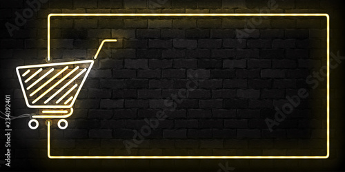 Vector realistic isolated neon sign of Supermarket Shopping Cart frame logo for decoration and covering on the wall background. Concept of Black friday, sale and online shopping.