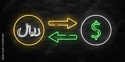 Vector realistic isolated neon sign of Saudi Riyal and Dollar exchange currency logo for decoration and covering on the wall background.