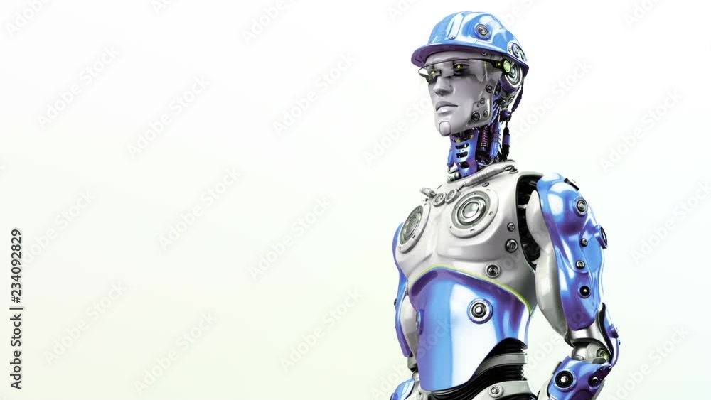 Smart robotic man in protective hat operating with tablet, 3d rendering with alpha Smart robotic man in protective hat operating with tablet, 3d rendering with alpha