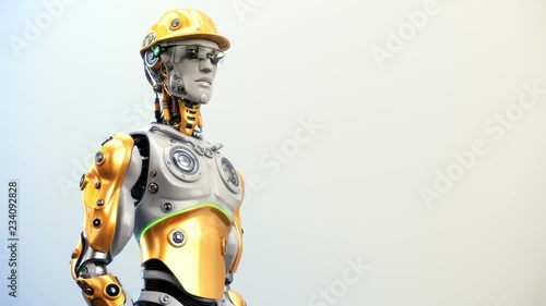 Smart robotic man in protective hat operating with tablet, 3d rendering with mask