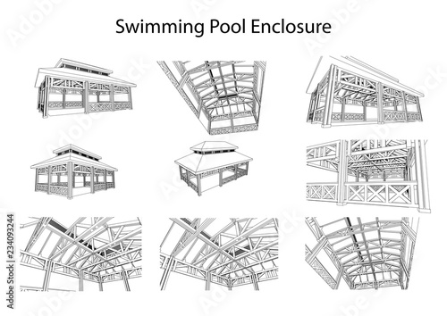 Detailed achitectural 3d sketch of swimming pool enclosure from different points of view. Vector, technical industrial