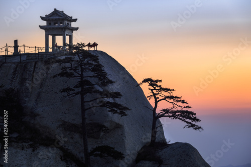 Beautiful Chinese Pagoda and tree Silhouette at the top of Mount Hua (Huashan) - Huayin, near Xi'an in Shaanxi Province China. Chess Playing Pavilion. Vibrant Sunrise Sky, Traditional Architecture photo