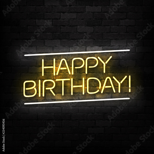 Vector realistic isolated neon sign of Happy Birthday logo for decoration and covering on the wall background. Concept of invitation and celebration.
