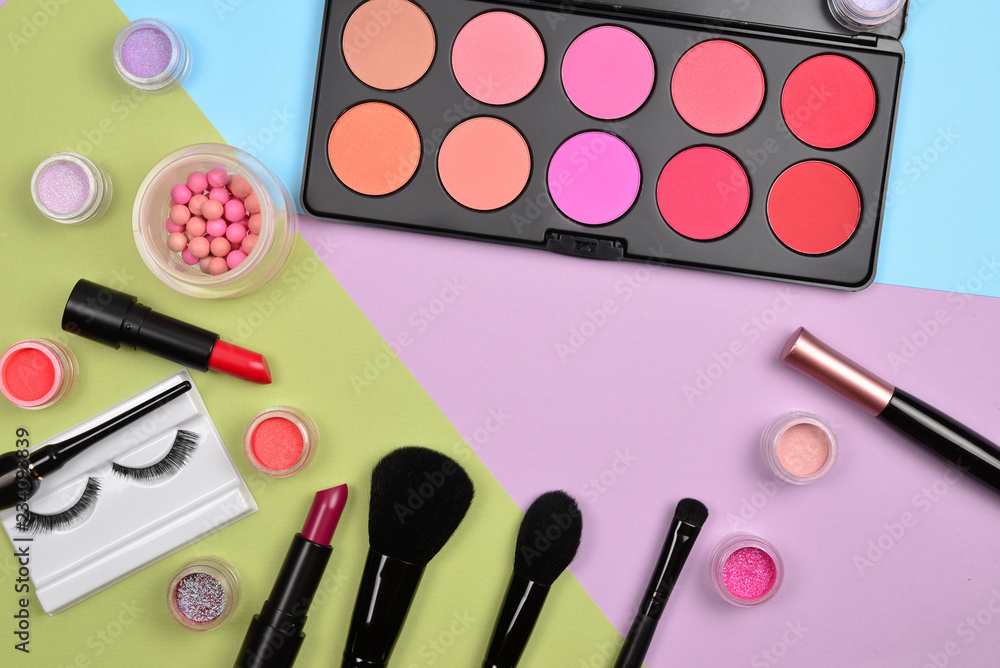Professional makeup products with cosmetic beauty products, blushes, eye liner, eye lashes, brushes and tools. Professional makeup products with cosmetic beauty products, blushes, eye liner, eye lashes, brushes and tools.