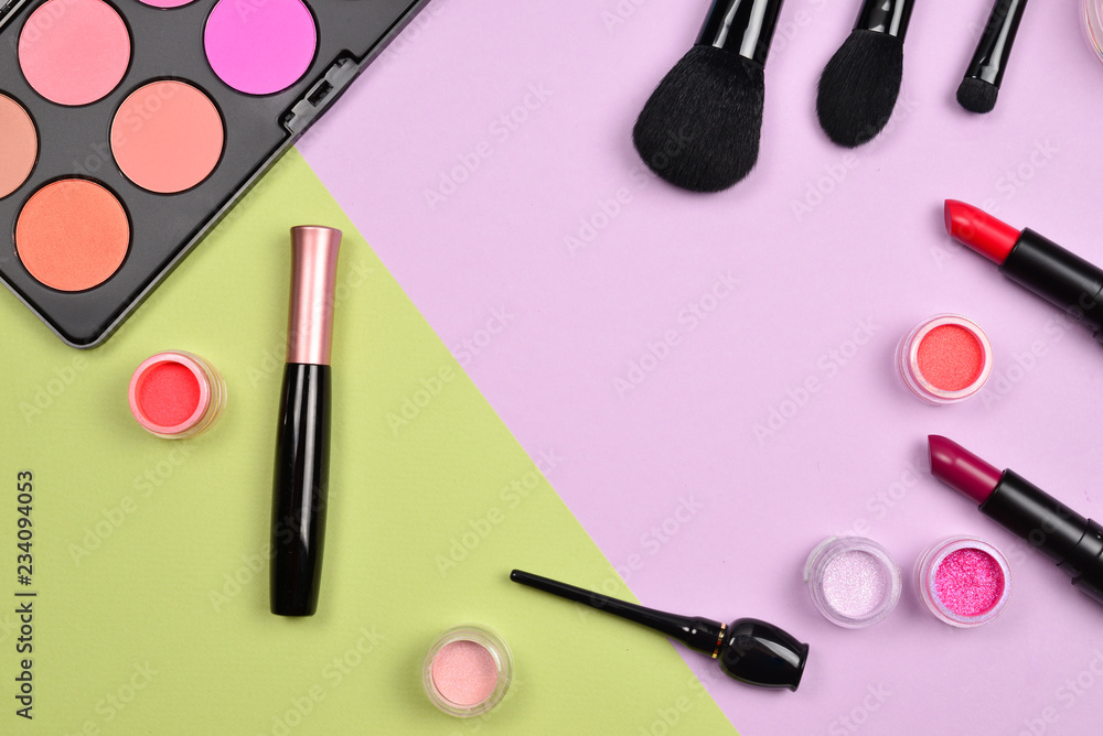 Professional makeup products with cosmetic beauty products, blushes, eye liner, eye lashes, brushes and tools. Professional makeup products with cosmetic beauty products, blushes, eye liner, eye lashes, brushes and tools.