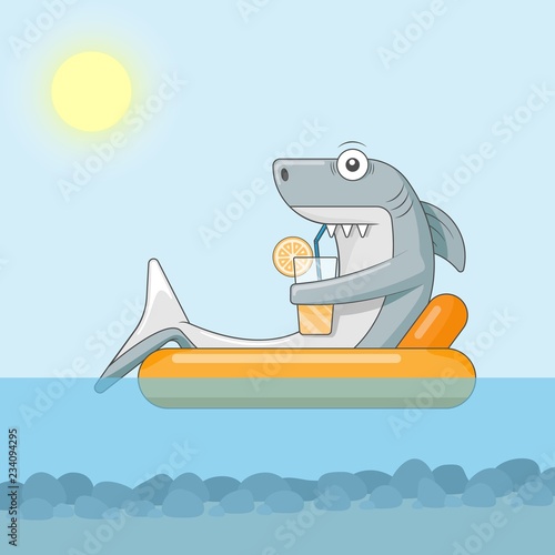 Shark drinks cocktail and floats on air mattress