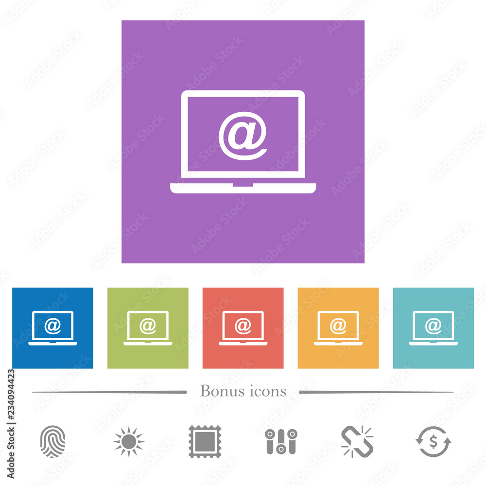 Laptop with email symbol flat white icons in square backgrounds Laptop with email symbol flat white icons in square backgrounds