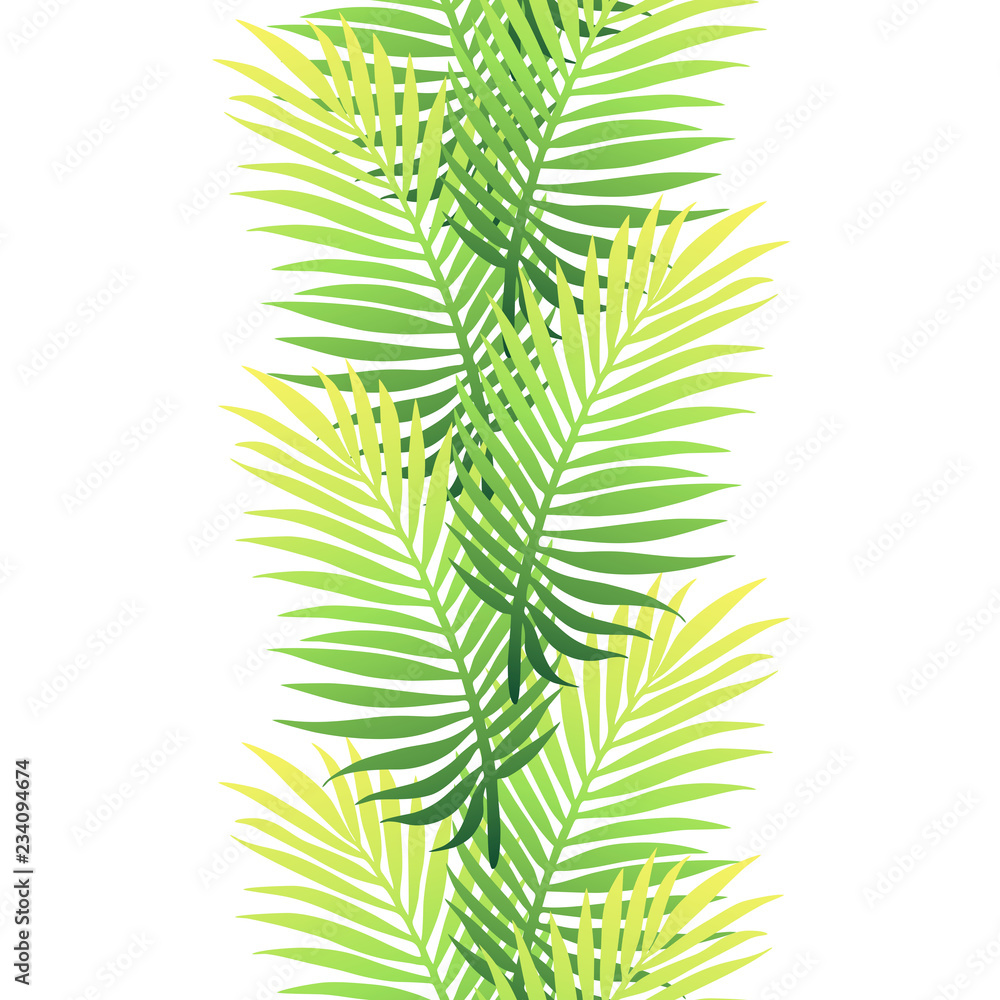 Tropical floral square summer advertisement. Line of exotic colorful palm leaves. Wedding Invitation, greeting card, flyer template design. White background