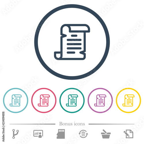 Paper scroll flat color icons in round outlines