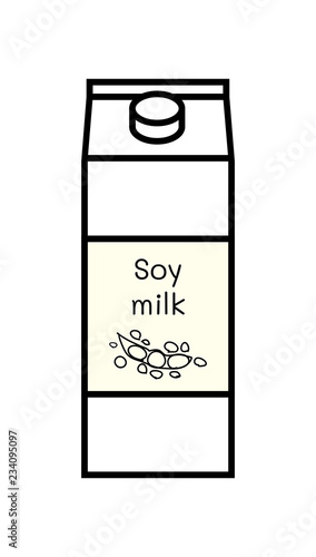 Vector line icon of vegan soy milk isolated on a white background. Plant based non dairy alternative. Black icon of carton box with screw cap and with label where is illustration of soya.
