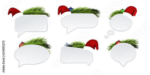 Vector set of realistic isolated speech bubbles with fir branches and Santa Claus hat for decoration and covering on the white background. Concept of Merry Christmas and Happy New Year.