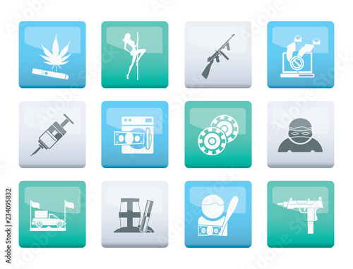 mafia and organized criminality activity icons over color background - vector icon set